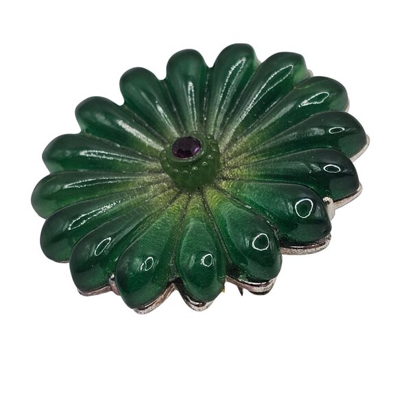 Vtg Green Floral Molded Glass Brooch Purple Rhinestone Silver Tone Pin Flower - Picture 4 of 9